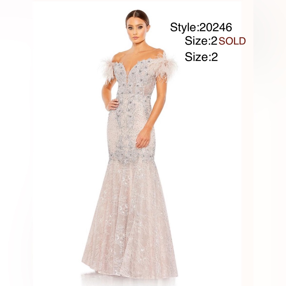 Off shoulder feather embellished trumpet gown